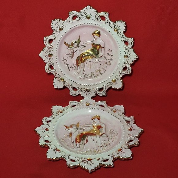 VTG Decorative Dish Cupid & Victorian Woman Gold Pink Painted Fluer De Lis Borde - Picture 4 of 11